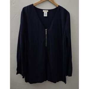 Michael Kors Women's Navy Blouse Medium Long Sleeve Zipper Loose Fit 100% Rayon